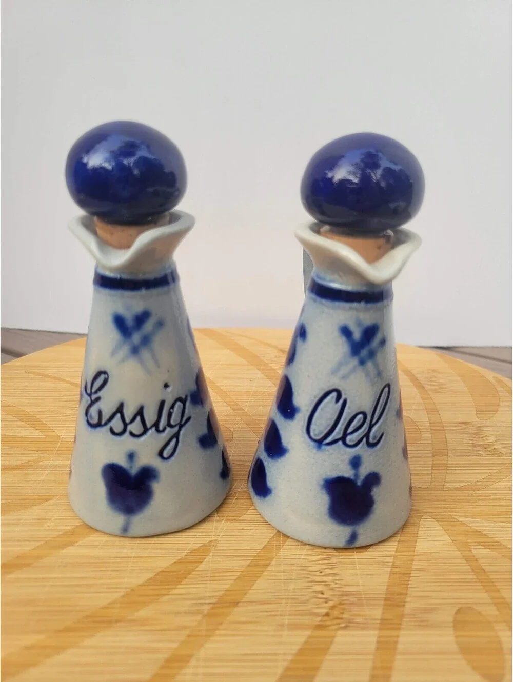 Blue Ceramic Essig Oel Oil Vinegar Cruet Bottles Set Of 2 Cork Pour Spout
